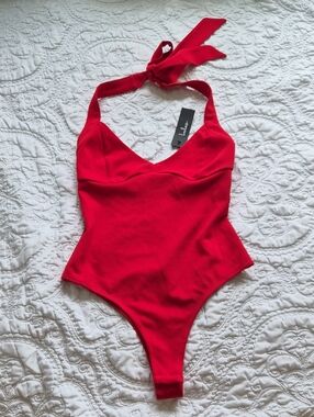 Lulu's Bold Red Halter Bodysuit